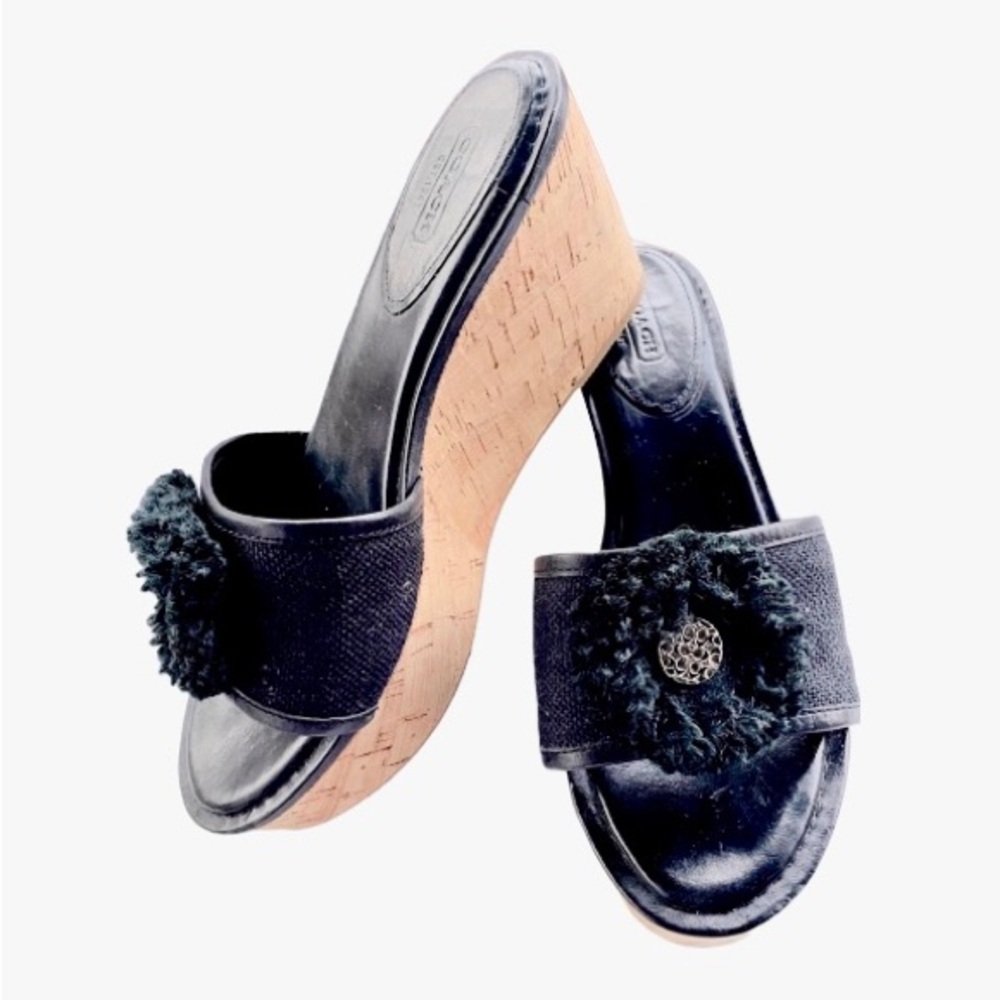 COACH Jazmin Black Leather 
Canves Cork Platform Wedge Sandals - Picture 5 of 6